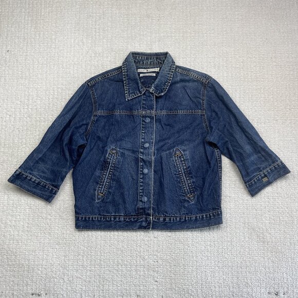 Y2K Jean Jacket Tommy Hilfiger Denim XL Blue Cropped 3/4 Sleeves Dark Blue - Picture 1 of 13